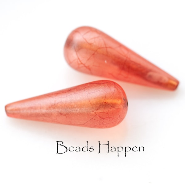 29x12mm Tapered Teardrop Red Rose Pink Veined Acrylic Beads, Frosted, Matte, Elegant, Textured Teardrop Beads, Quantity 2