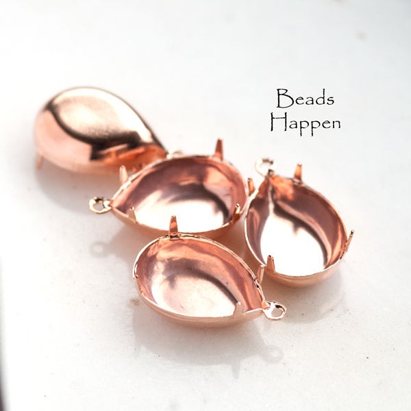 18x13mm Rose Gold Plated Pear Settings, 1 One Loop, 1 One Ring, 18x13 pears, 18x13 settings, closed backs, Quantity 4