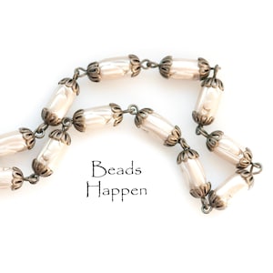 DESTASH!  Beaded Chain with White Faux Pearls and Antique Brass Beadcaps, Antiqued Brass Pearl Beaded Chain, Sold by Linear Foot