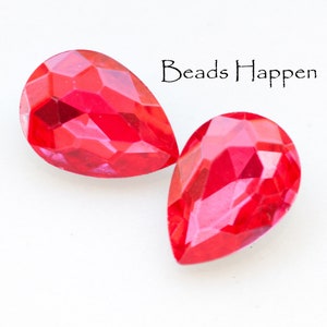 18x13mm Watermelon Red Pink Hyacinth Pear Glass Stones Jewels, Faceted Tops, Silver Foiled Faceted Backs, 18x13 Pears, Quantity 2