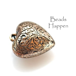 24mm (1-inch) Puffy Heart Pendant, Antiqued Gold, Puff, Scrolls Motif, Plasticized Metal, Two Sided, 2 Sided, Quantity 1