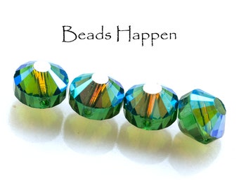 Vintage 8mm SWAROVSKI Green Turmaline AB Green Bicone Satellite Beads, Swarovski Crystal Beads, Article 5101, Quantity 4