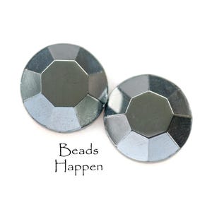 13mm Round VINTAGE Hematite Glass Cabochon Cabochons, Cab Cabs, Smooth Tops, Flat Back, Gray, Mirrored, Quantity 2