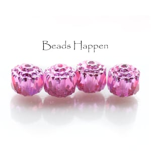 8mm Hot Pink Rose Cathedral Glass Beads from Czech Republic, Crown Beads, Faceted Beads, Pink Beads Bead, Quantity 4
