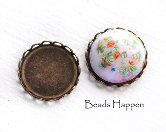 18mm Round Lace Settings for Cabochons Cabs Flat Back Stones, Antiqued Brass Plating Over Brass, Quantity 2