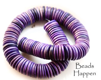 20mm Amethyst Purple Stained Wood Heishi Beads, Flat Disk Beads with Center Hole, Great for Stacking, Quantity one-40cm strand