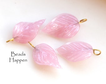 24x14mm Rose Opal Pink Pressed Glass Leaves Leaf Dangles, Embedded Brass Wire Loop, Twisted, Quantity 4