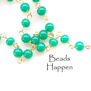 Vintage 5mm 6mm Green Glass Beaded Chain with Bright Gold Plating, Rosary Chain, Sold by the Linear Foot