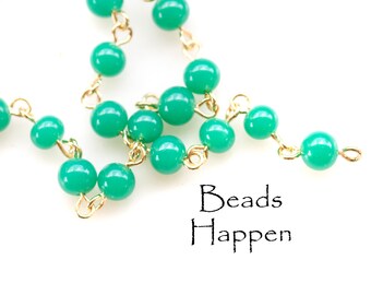 Vintage 5mm 6mm Green Glass Beaded Chain with Bright Gold Plating, Rosary Chain, Sold by the Linear Foot