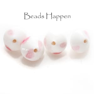 10x8mm, From 1960s Japan: Vintage Glass Beads, Retro Saucer Bicone Satellite Beads, Chalk White with Pink Dots Dotting, Quantity 4