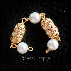 Pearl and Filigree Links, 3.25 Inches Long Linked Beaded Chain, Vintage, Rosary Chain, Gold Plated, Quantity 1