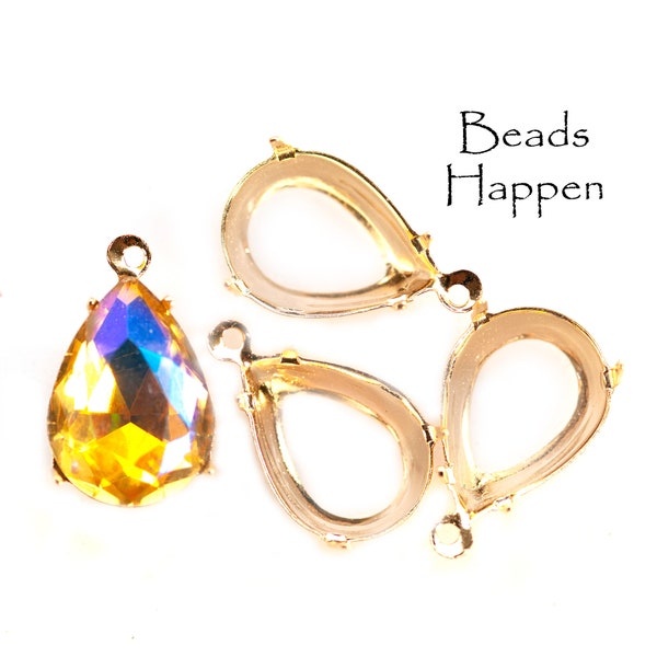 14x10mm Bright 24K Gold Plated Over Brass Pear Settings with One Loop Ring, Open Backs, 14x10 Pears, 14x10 Pear Setting, Quantity 4