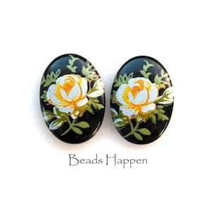 Vintage 14x10mm Ovals, Oval Cabochons, Black with Yellow White Rose Flower Decals, Flat Backs, Black Glass Base, Japan, Quantity 2