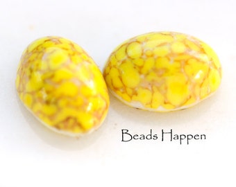 Vintage 14x10mm Oval Glass Cabochons with Yellow Matrix, 14x10mm Ovals, Flat Backs, Quantity 2