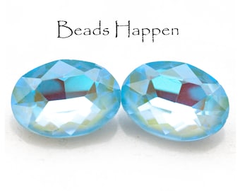 14x10mm Oval Glass Light Sapphire Blue Opal AB Ovals Cabochons, Faceted Tops, Pastel, Painted Point Backs, 14x10 Ovals, Quantity 2