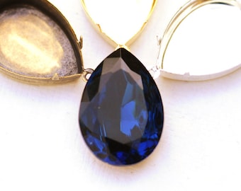 25x18mm Vintage Montana Blue Sapphire Glass Pear Stone Jewel Gem, Choice of Setting Plating, Quantity 1 Jewel and 1 Setting