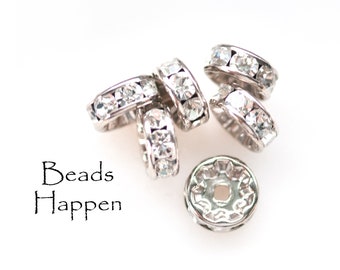 8mm Swarovski Crystal Rondell Rondelle Spacer Spacers, Clear Swarovski Crystals, Round, Rhodium Plating, Quantity 6