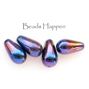 15x8mm Blue Bronze Purple AB Iris Teardrop Pressed Glass Drop Beads from Czech Republic, Light Surface Scratches/Texture, Quantity 4