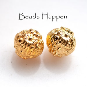 14mm Metallized Floral Beads, Bright Hamilton Gold, Gold Round Beads Bead, Vintage, Textured, Petals, Quantity 2