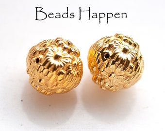 14mm Metallized Floral Beads, Bright Hamilton Gold, Gold Round Beads Bead, Vintage, Textured, Petals, (Q2-6-6), Quantity 2