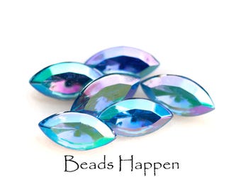 10x5mm Vintage Sapphire AB Glass Navettes, Faceted Fronts, Silver Foiled Point Backs, Made in Western Germany, Quantity 6