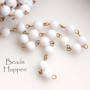 Beaded Chain with 7mm White Round Resin Beads, Beaded Chain, Raw Brass, Rosary Chain, Sold by Linear Foot
