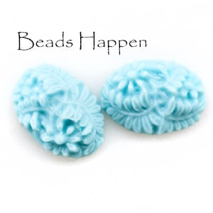 18x13mm Vintage Turquoise Blue Floral Ovals Oval Cabochons with Impressed Textured Flowers Flower Leaves, 18x13 Ovals, Quantity 2