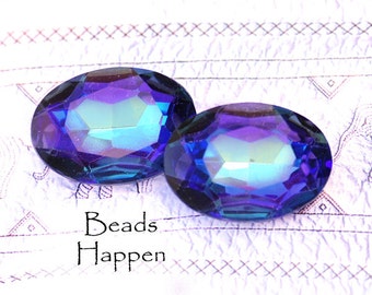 18x13mm FREAKY WEIRD Two Tone Sapphire Green Amethyst Bermuda Blue Glass Oval Jewels Gems Stones, Foiled, Quantity 2