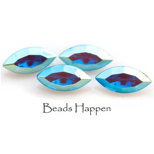 SWAROVSKI 15x7mm Capri Blue AB Crystal Navettes, Faceted Fronts and Unfoiled Point Backs, 15x7 Navette, Austria, 4200/2, Quantity 4