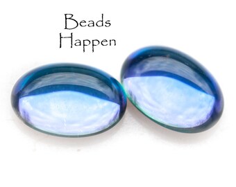 18x13mm Bermuda Blue Glass Oval Cabochons, Color-Shifting Blue Purple and Topaz, Smooth Tops and Flat Foiled Backs, Quantity 2