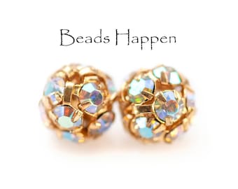 Cuentas de bola de fuego de 8 mm con chatones de cristal AB, chatones de la República Checa, chapados en oro, cuentas de cristal, redondas, cantidad 2
