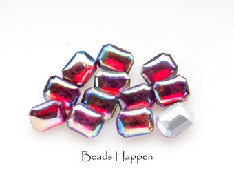 8x6mm Ruby AB Octagon Glass Stones, Vintage Glass 8x6 Octagons, Western Germany, Silver Foiled Point Backs, Quantity 12