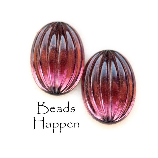 18x13mm Ribbed Amethyst Purple Vintage Glass Oval Gems Jewels Cabochons Cabs, 18x13 Ovals, Flat Foiled Backs, (P-Top), Quantity 2