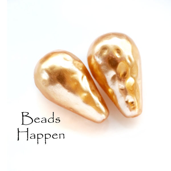 18x11mm Warm Baroque Golden Glass Pearl Teardrop Beads, Gold, Textured Pearls, Textured Pearl Beads, Hammered Dimpled Bead, Quantity 2