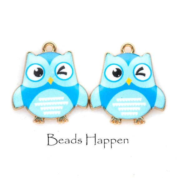 23x21mm Charming Winking Owl Colorful Whimsical Pendant, Blue Owls