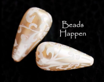 BACK IN STOCK! 22x12mm Vintage Floral Patterned Pearl Botanical Teardrop Beads, Cream and Ivory, Resin Teardrop Beads, Beads, Quantity 2
