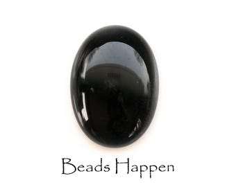 VINTAGE 25x18mm Oval Jet Black Glass Cabochon Cab, 25x18 Ovals, Glass Cabochons, Flat Back, Smooth Top, Western Germany, Quantity 1