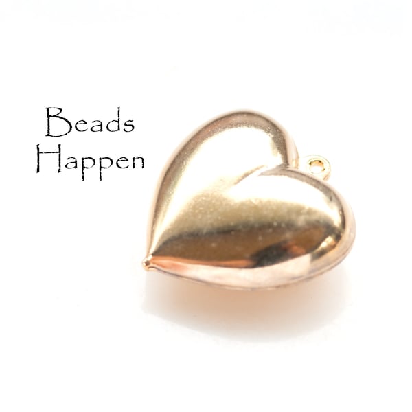 Puffy 21mm Heart Pendant, 24K Gold Plated Over Metal Puff Heart Pendant with 1 One Loop, Heart, Hearts, Charm, Quantity 1