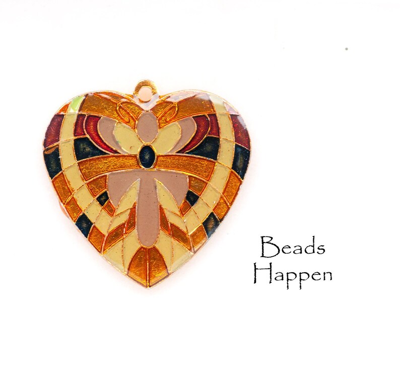 Clear Encased, F1-3-3 30mm Colorful Heart Pendant with Golden Metal Base Creams and Reds Colored Blocking Pattern Quantity 1
