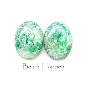 Vintage 18x13mm Soothing Green Opal Oval Glass Cabochons Cabs, Czechoslovakia, Silver Foil Lampwork 18x13 ovals, Flat Backs, Quantity 2