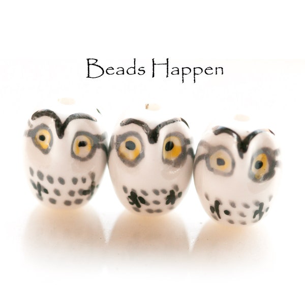 21mm Owl Bead, Hand-painted White Ceramic Owl Bird Owls Beads, Black Gray and Yellow Accents, Quantity: 3 beads