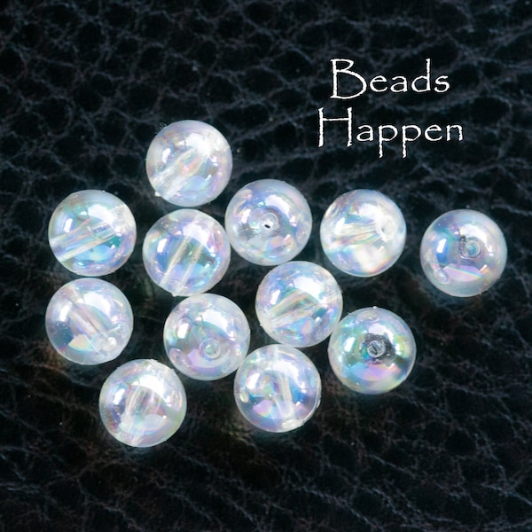 Vintage 8mm Round Crystal Iris Coated AB Pearlized Resin Beads From Japan, Hollow Lightweight Iridescent Beads, Quantity 12