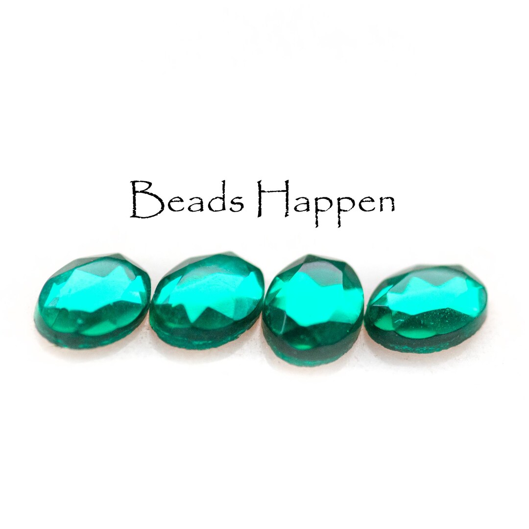 8x6mm Emerald Green Rose Cut Faceted Top Glass Oval Cabochons, Flat