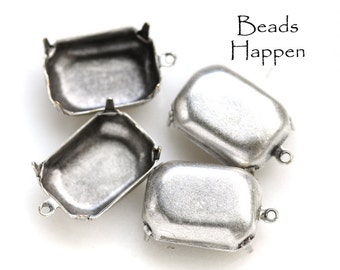 18x13mm Antiqued Sterling Silver Plated Octagon Settings with Closed Backs and One Loop Ring, Quantity 4