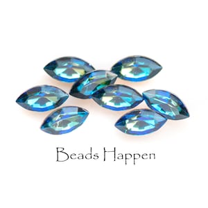 SWAROVSKI 10x5mm Bermuda Blue Crystal Navettes, Vintage, OLD, Faceted Fronts and Foiled Point Backs, 10x5 Navettes, Quantity 8