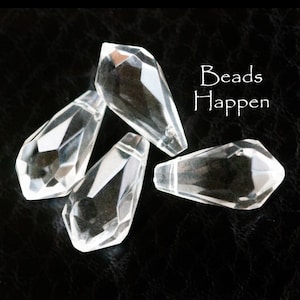 18x9mm Clear Glass Machine Cut Briolette Beads from Czechoslovakia, Hole Across the Top, Made  in 1960s, Quantity 4