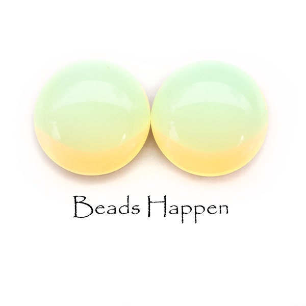 15mm Yellow Opal Glowing Round Glass Cabochons Cabs, Glows (Fluoresces) Under Black Light, UG, Foiled Backs, Quantity 2