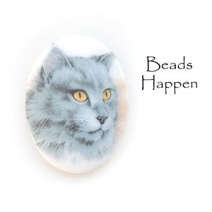 From Western Germany, 40x30mm Fluffy Gray Grey Cat Oval Glass Cabochon, Cats, Yellow Eyes, White, Quantity 1