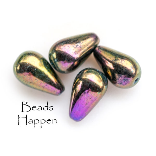 18x11mm Glass Teardrop Beads from the Czech Republic, Bronze Purple Metallic Mirrored Finish with Speckles, 18x11 Bead, Quantity 4