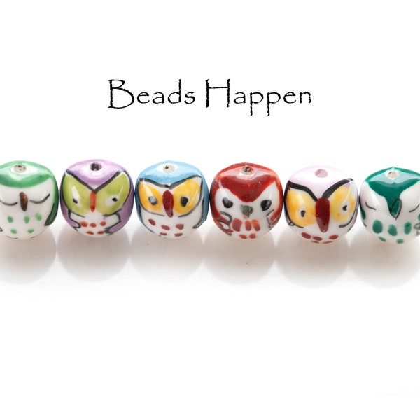 15mm Owl Beads, Handpainted Ceramic Owl Bird Owls Beads, Colorful Mix, Hand painted, Quantity: random mix of 6 beads